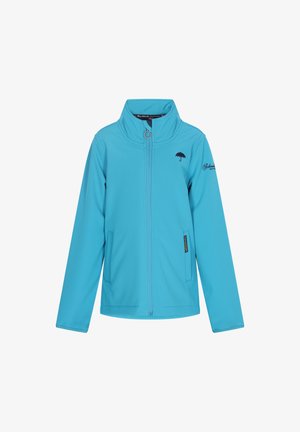 Kék softshell dzseki magas gallérral, elöl cipzárral, két oldalsó zsebbel és esernyő logóval a mellkasán és az ujján.