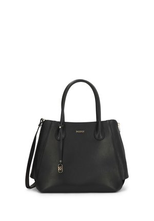 Sac fourre-tout en cuir noir avec double anses, bandoulière amovible et logo "kazar" doré au centre avant.