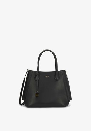 Čierna kožená taška na rameno s dvojitými rúčkami, odnímateľným ramenným popruhom a zlatým logom "kazar" uprostred prednej strany.