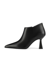 Stivaletti neri in pelle con punta appuntita e un tacco geometrico e slanciato. Texture liscia e design elegante senza decorazioni.