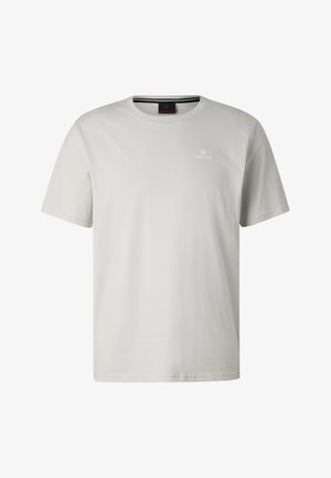 Light grey short-sleeve crew neck T-shirt with small "B FIRE+ICE" logo on left chest.