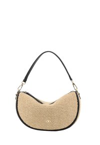 Borsa a tracolla beige intrecciata con forma curva, dettagli in pelle nera, una singola tracolla e chiusura con zip. Dettagli in hardware dorato visibili.