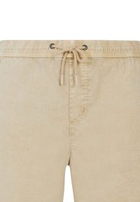 Beige shorts met een elastische tailleband, trekkoordsluiting en zijzakken. De stof heeft een gladde textuur en een lichte glans.