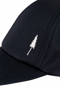 Black baseball cap with a front white embroidered tree logo. Made from textured fabric, featuring a curved brim and stitched details.
