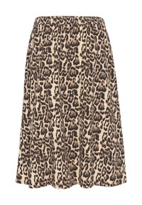 Jupe en dentelle léopard avec un fond beige neutre et des taches marron foncé, fabriquée en tissu doux et fluide, avec une taille élastique.
