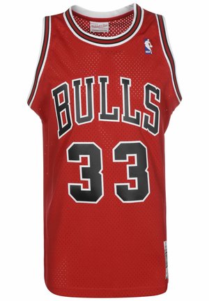 Maillot de basket-ball rouge des Chicago Bulls avec le numéro 33 et le logo NBA sur la partie supérieure droite de la poitrine.