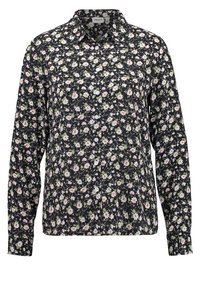 Chemise noire à manches longues avec petits motifs floraux blancs et roses et col classique.