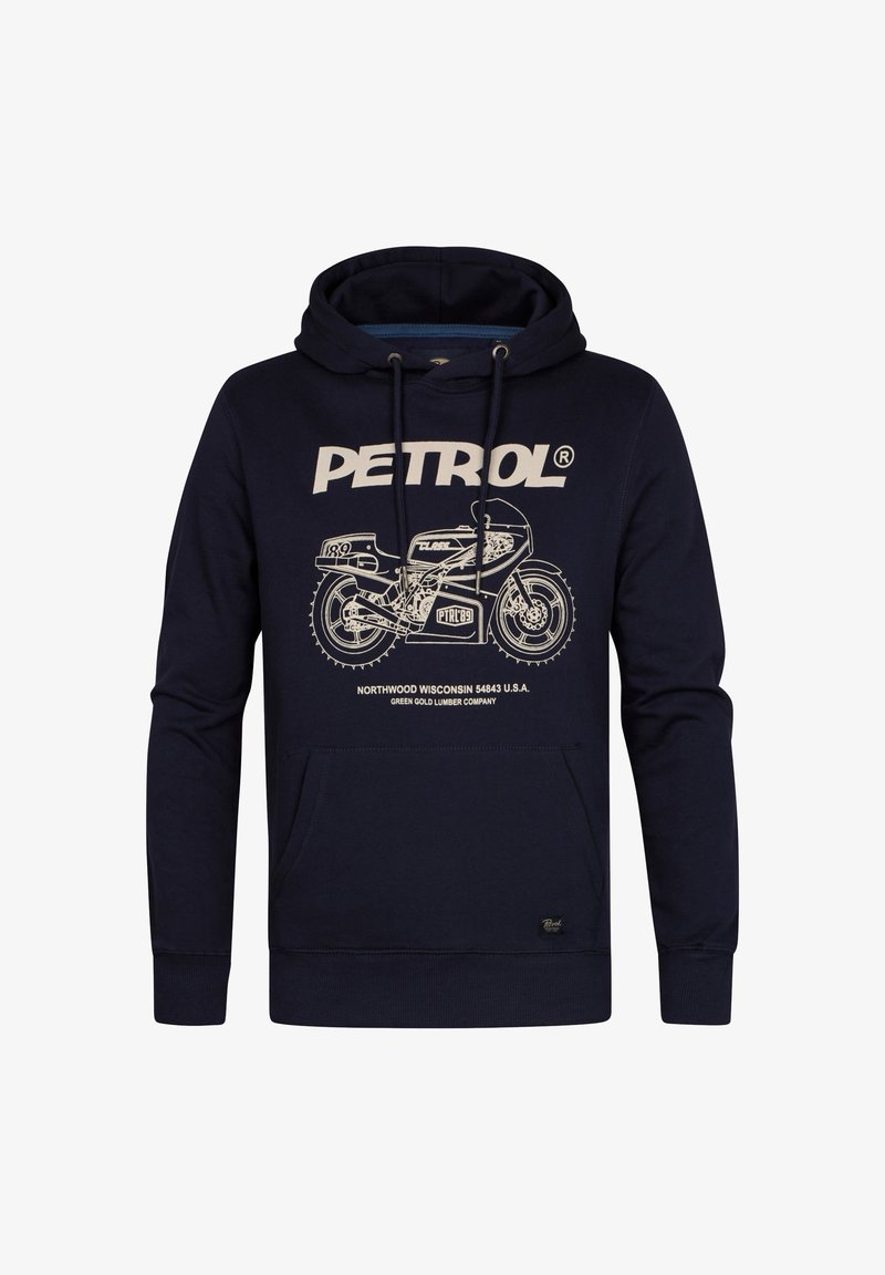 Sudadera azul marino de algodón, con un bolsillo tipo canguro, cordones y un gráfico de motocicleta vintage con el texto "PETROL".
