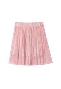Gonna in tulle rosa con design arricciato, vita elastica e una texture a strati. La lunghezza è sopra il ginocchio, creando una silhouette morbida.