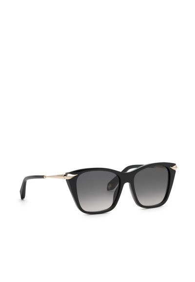 Lunettes de soleil à monture carrée noire avec verres dégradés foncés et détails dorés sur les branches et les coins avant.