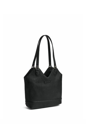 Schwarze Ledertasche mit doppelten Schulterriemen und einem kleinen rechteckigen Markenlabel vorne in der Mitte.