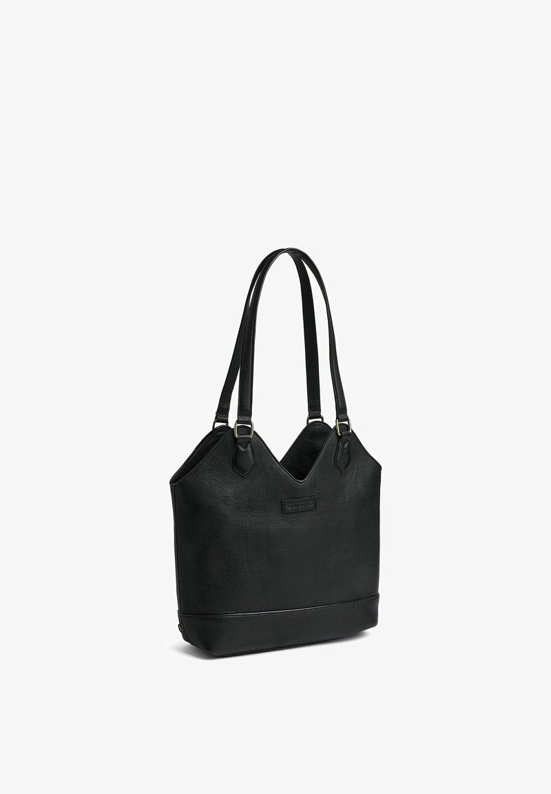Sac cabas en cuir noir avec doubles anses et une petite étiquette de marque rectangulaire au centre devant.