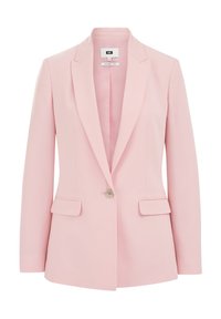 Blazer rose clair à bouton unique, avec revers crantés, deux poches avant à rabat et manches longues, présenté sur fond blanc.
