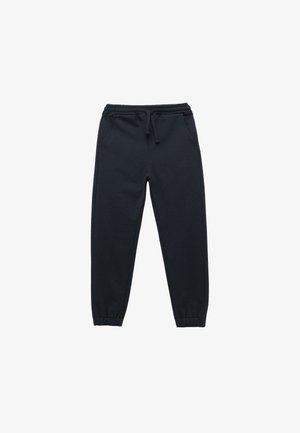 Pantalones de chándal azul oscuro fabricados en una suave mezcla de algodón, con una cinturilla elástica y cordón, bolsillos laterales y piernas ajustadas con puños.