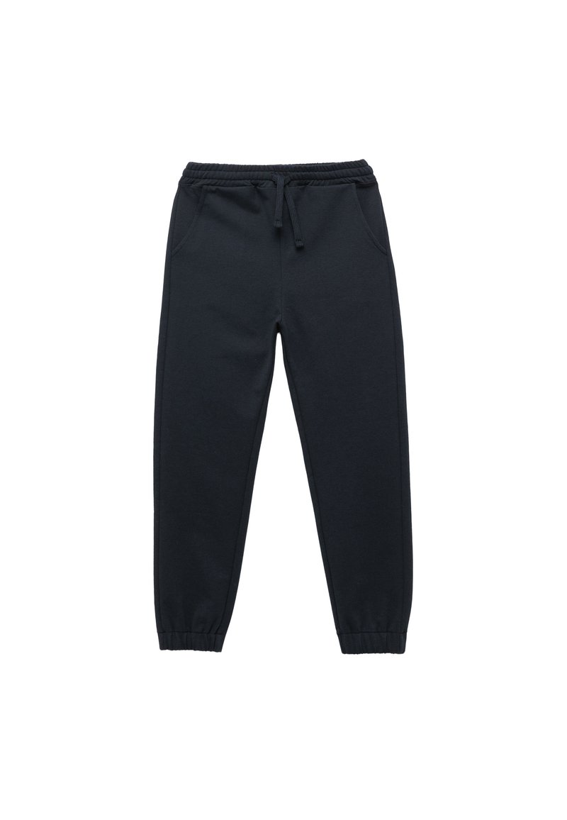 Mørkeblå sweatpants lavet af blød bomuldsblanding, med elastisk talje med snor og sidelommer, indsnævrede ben med manchetter.