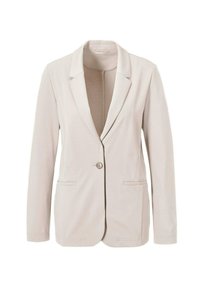 Lichtbeige blazer van zacht materiaal, met een enkele knoopsluiting, geknipte revers en twee voorzakken. Gladde textuur, getailleerde pasvorm.