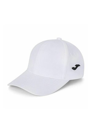 Cappellino da baseball bianco con visiera curva e logo "J" stilizzato nero sul lato, mostrato su uno sfondo bianco semplice.