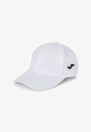 Cappellino da baseball bianco con visiera curva e logo "J" stilizzato nero sul lato, mostrato su uno sfondo bianco semplice.