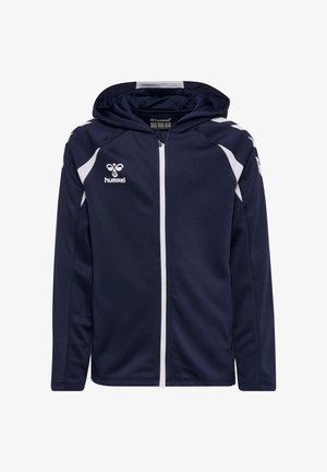 Marineblaue Kapuzenjacke mit weißem Reißverschluss und Schulterstreifen, mit dem hummel-Logo auf der linken Brust.