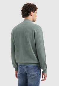 Groene gebreide trui met een gestructureerde afwerking, geribde mouwen en kraag, gecombineerd met blauwe spijkerbroeken, gezien vanaf de achterkant.