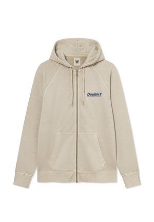 Béžová mikina na zips s kapucňou, raglánovými rukávmi, dvoma prednými vreckami a modrým logom "Double V" na ľavej strane hrudníka. Mäkká textúra látky.