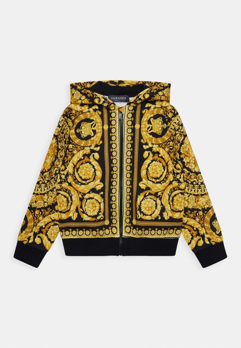 Sweat à capuche noir zippé avec motifs floraux baroques dorés et couronnes de feuilles, doté d'une capuche et de poignets et ourlet côtelés.