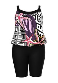 Tankini, jossa on värikäs meritähtikuosi yläosassa ja mustat shortsit. Kangas on kevyttä, ja yläosassa on säädettävät olkaimet.