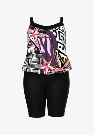 Tankini s barevným potiskem hvězdic na topu a černými šortkami. Materiál je lehký a top má nastavitelné ramínka.