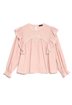 Rosa bluse med lange ermer, rynkede detaljer, blonder og en nøkkelhullsrygg. Laget av lett stoff med løs passform.