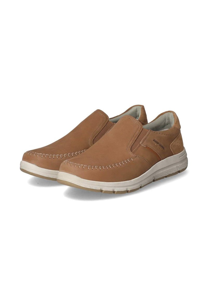Brown leather slip-on shoes with elastic side panels, featuring decorative stitching and a rubber outsole for traction.