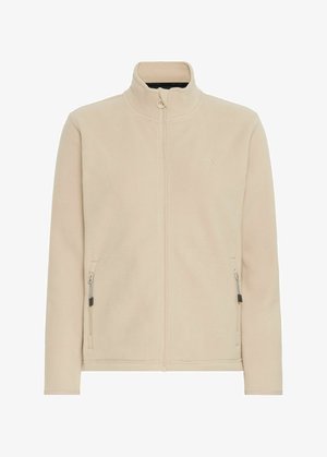 Beige fliisjakker, millel on lukuga eesmine sulgus, kõrge krae ja kaks külgtaskut. Omab sujuvat tekstuuri ja minimalistlikku disaini, millel on peened kaubamärgistused.