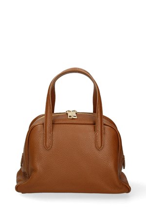 Borsa a tracolla in pelle marrone con doppio manico, chiusura con zip e superficie testurizzata. Forma compatta con bordi arrotondati e accenti hardware minimi.