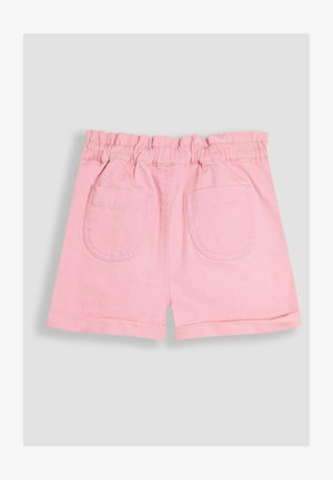Ružové bavlnené šortky s elastickým pásom, s dvoma zaoblenými zadnými vreckami a lemovaným okrajom pre čistý vzhľad.