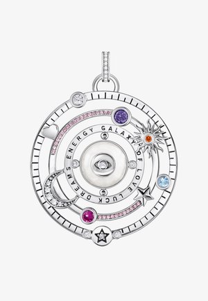 Silver circular pendant with engraved celestial patterns, featuring colorful gemstones, a pearl center, and decorative accents like stars and moons.