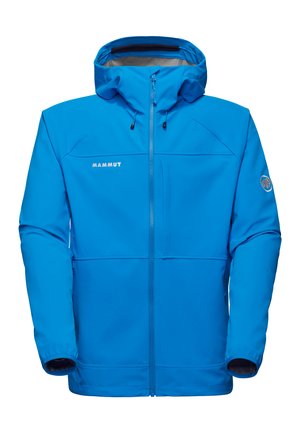 Giacca outdoor blu brillante con cappuccio, cerniera frontale, cordini regolabili, logo Mammut sul petto e stemma sulla manica sinistra.
