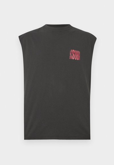 Μαύρο αμάνικο T-shirt από απαλό βαμβάκι, με στρογγυλεμένο λαιμό και μικρό ροζ γραφικό σχέδιο στο αριστερό μέρος του στήθους.