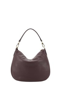 Leren hobo tas in diep burgundy met een gestructureerde afwerking, met een gebogen vorm en een enkele schouderband met goudkleurige accenten.