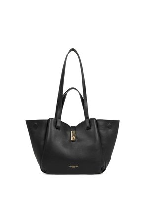 Sac fourre-tout en cuir noir avec deux longues poignées, fermoir doré et logo "Lancaster Paris" embossé en or au centre avant.