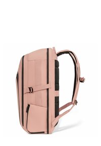 Zaino rosa con design strutturato, dettagli neri, spallacci regolabili, tasca frontale con zip e schienale imbottito per il comfort.