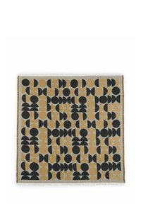 Geweven plaid met een patroon van geometrische vormen in zwart en tan, met een franjerand. Zachte textuur en een sterke kleurcontrast door het geheel.