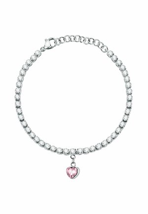 Silbernes Armband mit klaren Edelsteinen, die zu einer Kette verbunden sind, und einem kleinen pinkfarbenen herzförmigen Anhänger, der in der Mitte hängt.