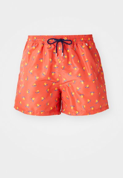 Røde svømmeshorts med et mønster af gule og blå solbriller med orange linser. Elastisk talje med en marineblå snor. Glat stof.
