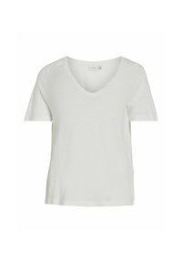 Camiseta blanca de manga corta con escote en V, hecha de una tela ligera. Presenta un corte relajado y una sutil textura. Sin patrones ni adornos.