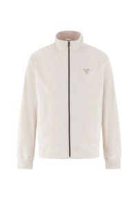 Licht beige zip-up jas met staande kraag, lange mouwen, ribbelmanchetten en een klein driehoekig logo-opdruk op de borst.