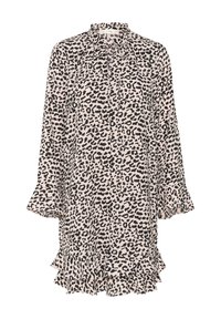 Leopardenmuster Kleid aus leichtem Stoff, mit hohem Kragen, Rüschensleeven und einem ausgestellten Rüschensaum. Farben: beige und schwarz.