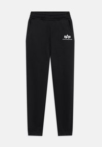 Black jogger pants made of soft cotton blend, featuring an elastic waistband, side pockets, and a white logo on the left thigh.