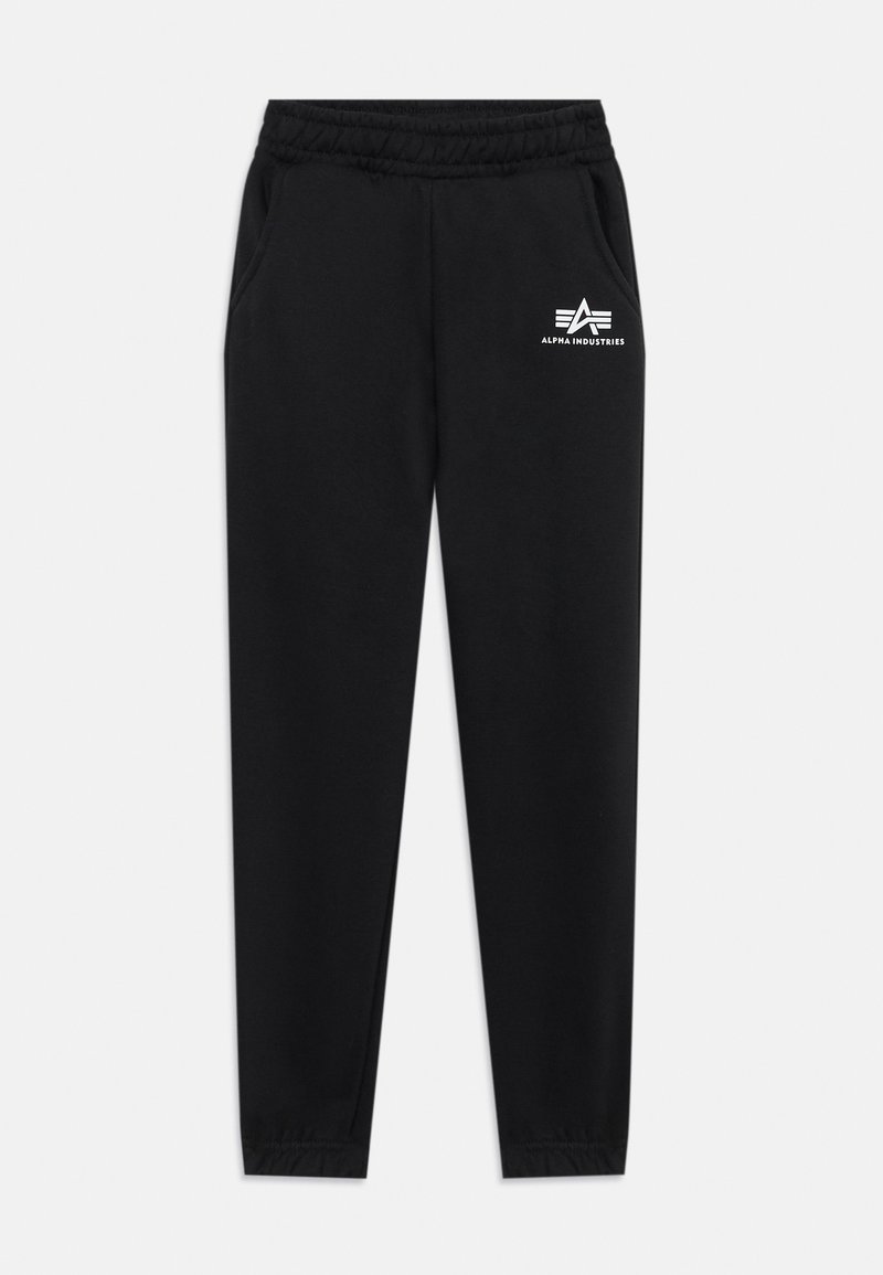 Black jogger pants made of soft cotton blend, featuring an elastic waistband, side pockets, and a white logo on the left thigh.