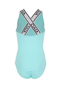 Aqua-blauer Badeanzug mit einem gekreuzten elastischen Streifen in Schwarz und Weiß mit dem Markennamen, glatter Textur und bescheidenem Schnitt.