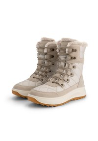 Hoge winterlaarzen met beige gewatteerde stof, voering van bont, dikke witte zool, bruine rubberen loopzool en gestreepte veters.