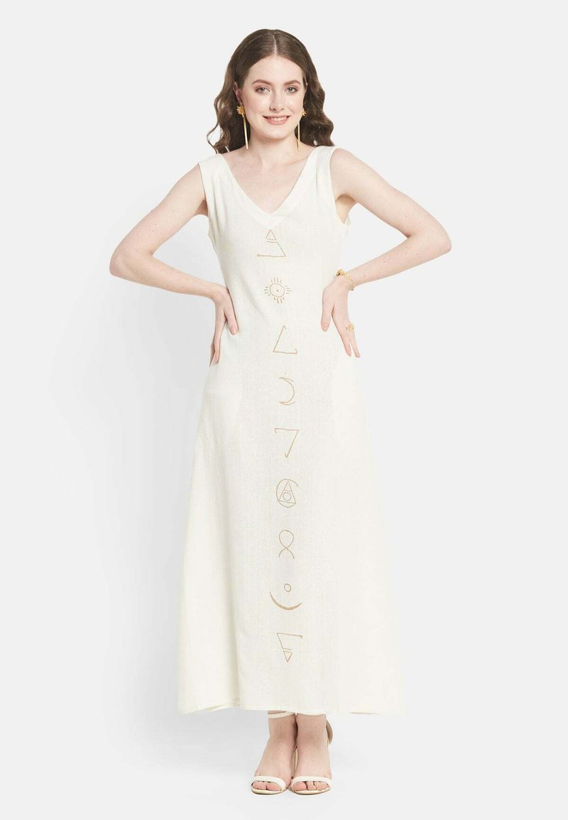 White sleeveless maxi dress featuring geometric and celestial embroidery in gold along the front. Smooth texture and relaxed fit.